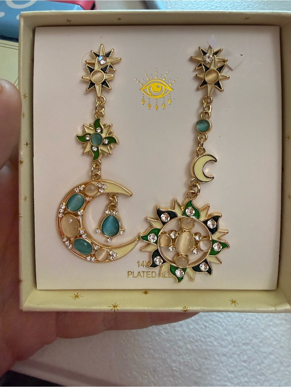 eye candy 14 k Gold plated Moon & Sun Drop earrings with Green and Cream Accents